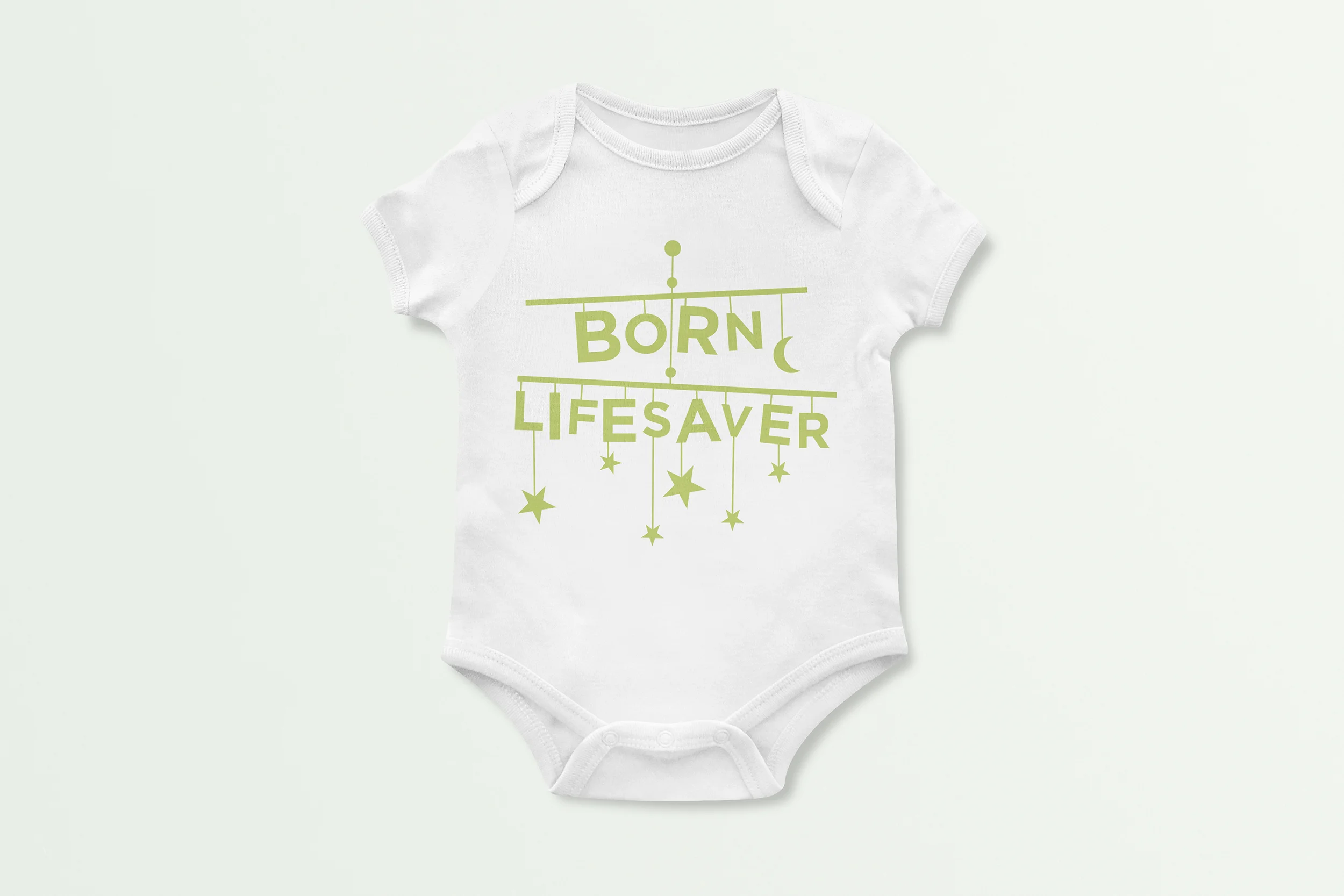 White babygrow printed with "Born lifesaver" in green