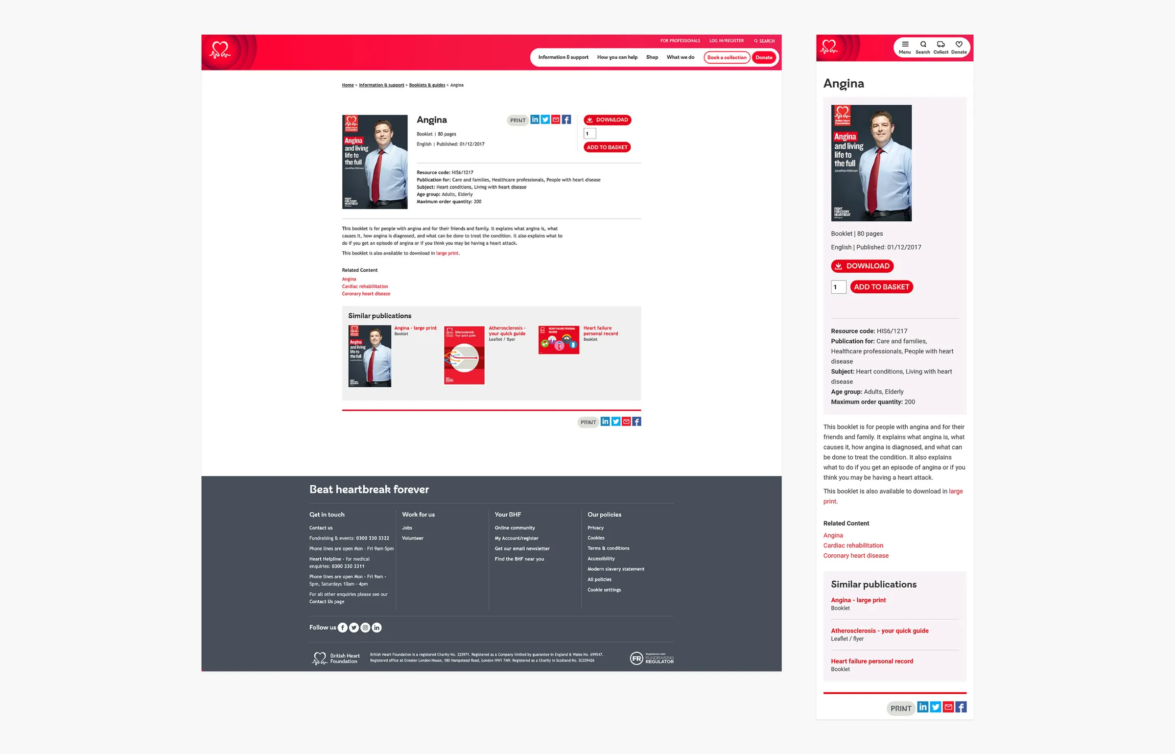Redesigned BHF publication page on desktop and mobile, with publication details and similar publications