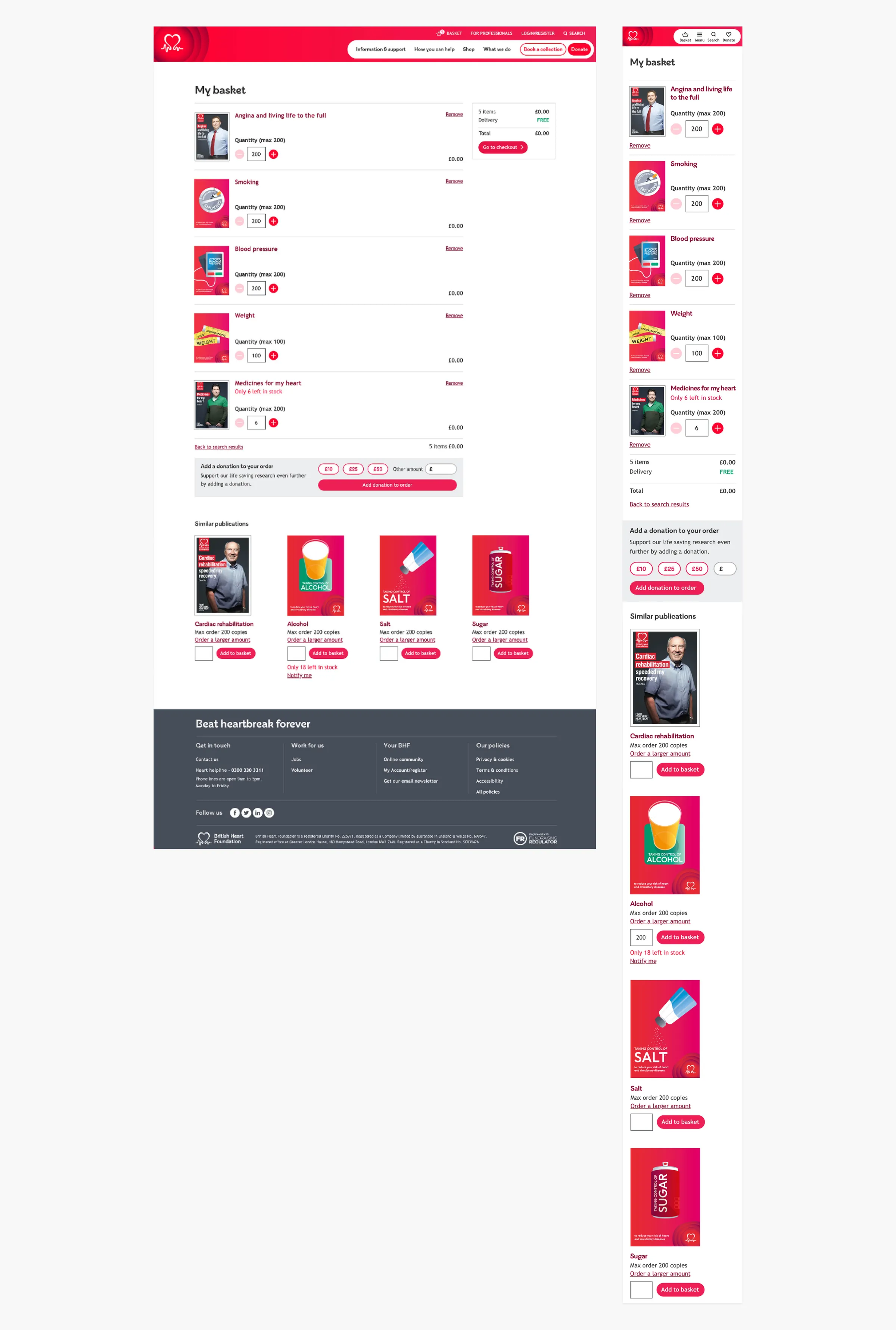 BHF basket page on desktop and mobile, listing publications with quantities and similar publications