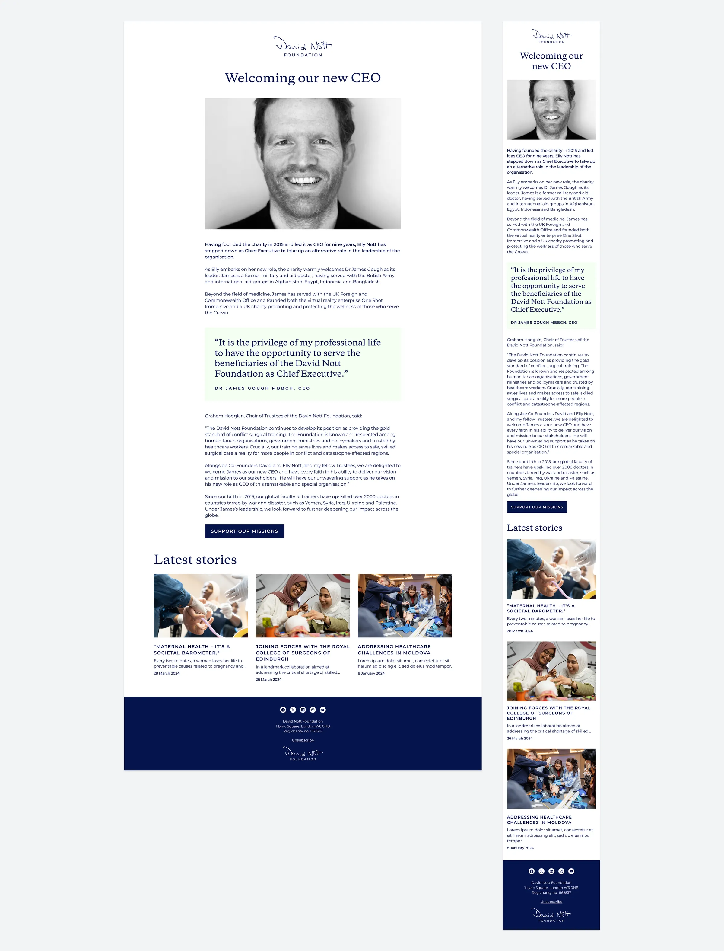 Email template on desktop and mobile: ‘Welcoming our new CEO’, with a portrait and latest stories