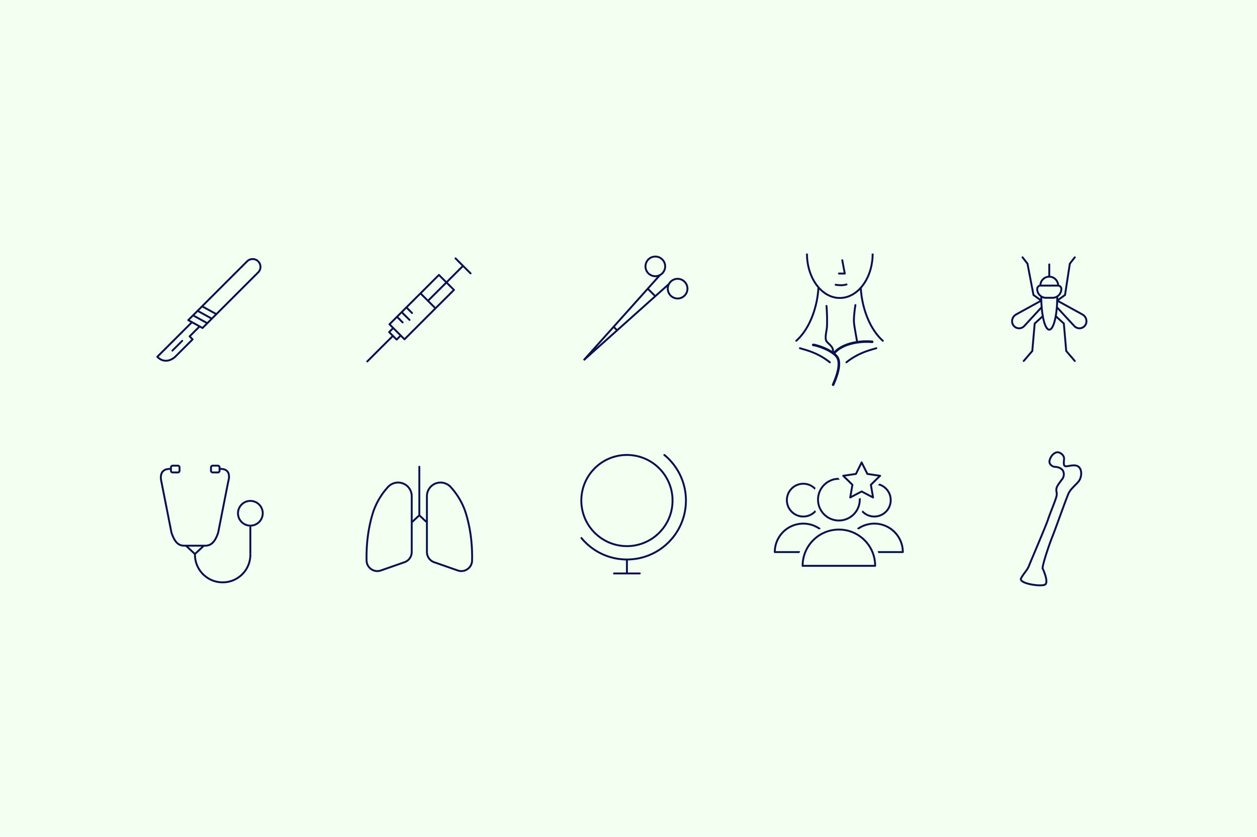 Ten navy line icons, including a scalpel, syringe, stethoscope, lungs, globe and bone