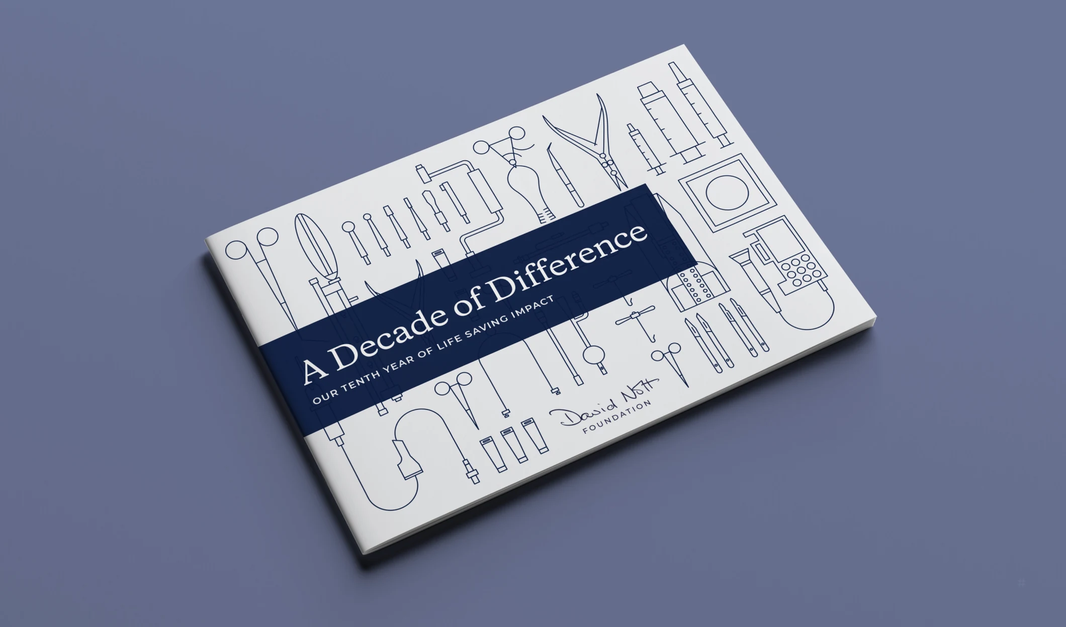 ‘A decade of difference: our tenth year of life-saving impact’ report, with line drawings of surgical instruments, on a dark blue background