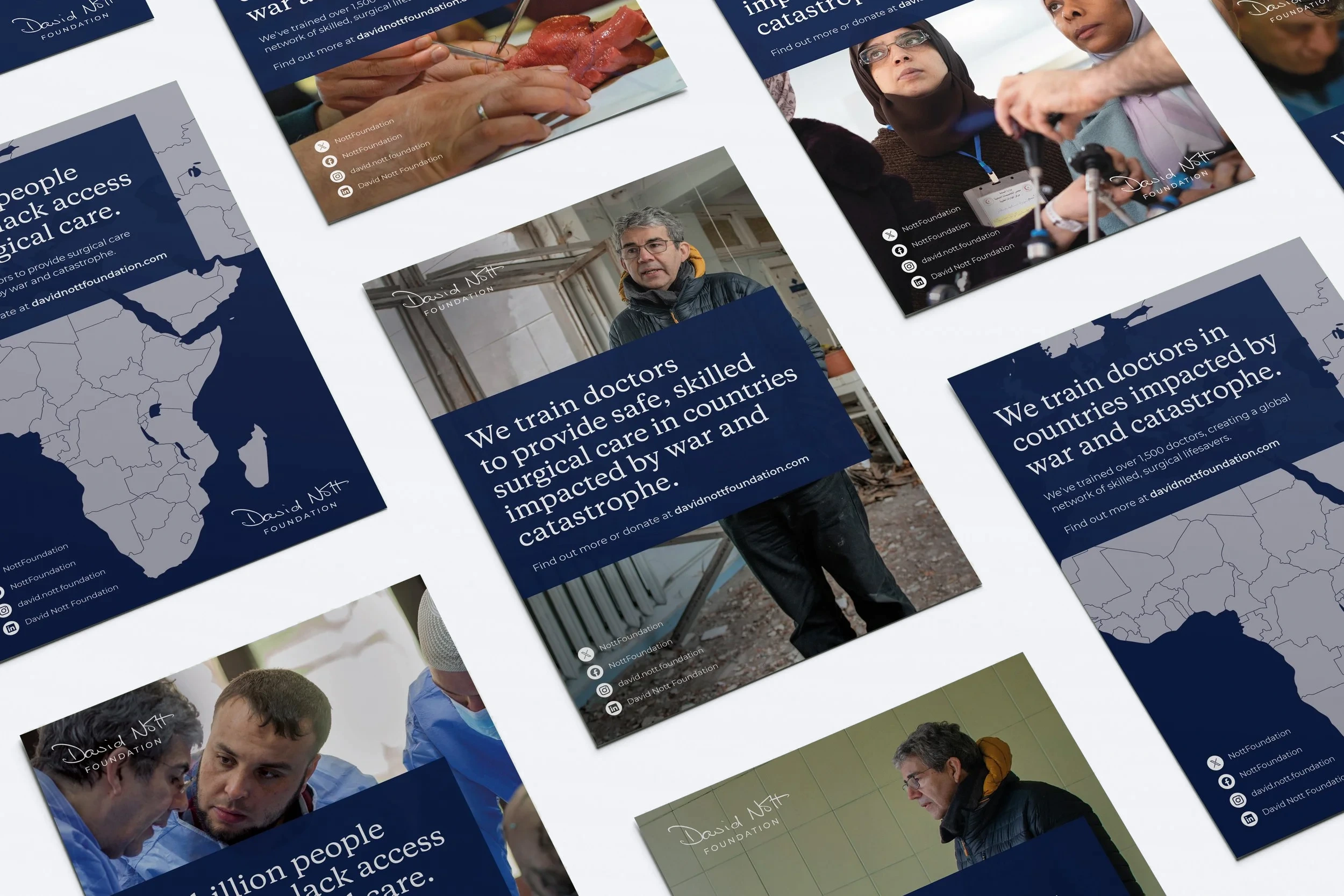 David Nott Foundation posters in navy and grey, with map outlines and photos of surgical training, headed ‘We train doctors to provide safe, skilled surgical care in countries impacted by war and catastrophe’