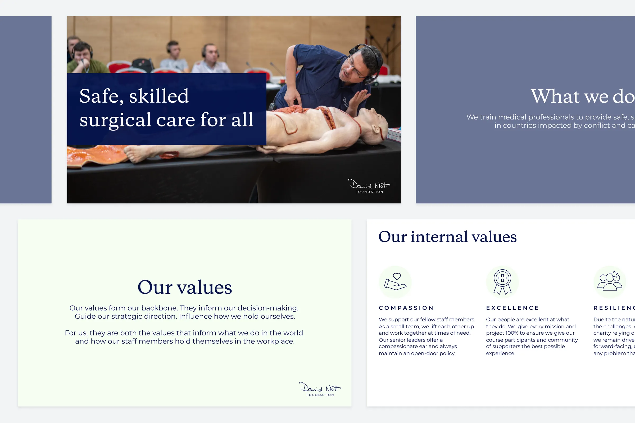 Slide deck pages: ‘Safe, skilled surgical care for all’, ‘What we do’, ‘Our values’ and ‘Our internal values’