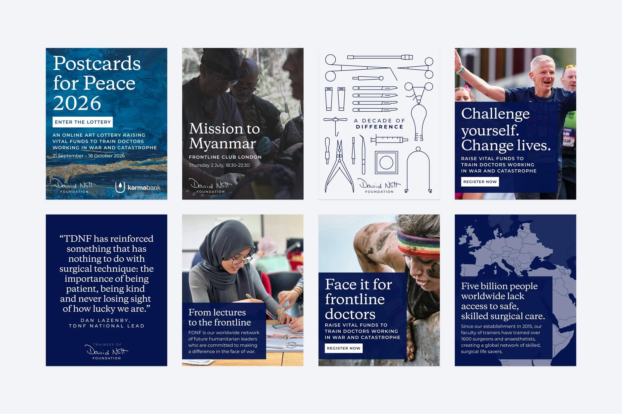 Eight David Nott Foundation social media posts, including ‘Postcards for Peace 2026’, ‘Mission to Myanmar’, ‘A decade of difference’ and ‘Face it for frontline doctors’