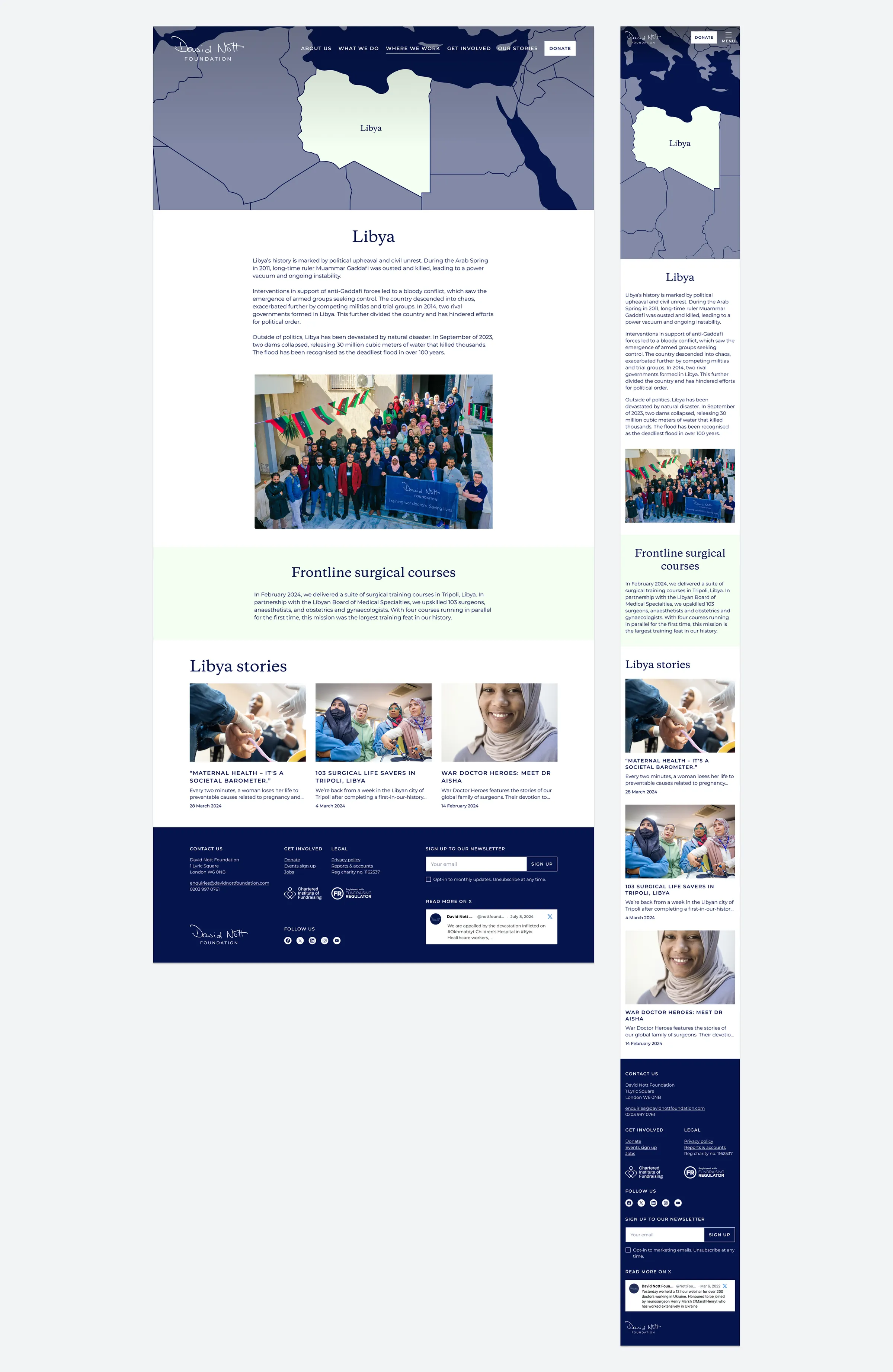Libya country page on desktop and mobile, with a map graphic, course information and Libya stories