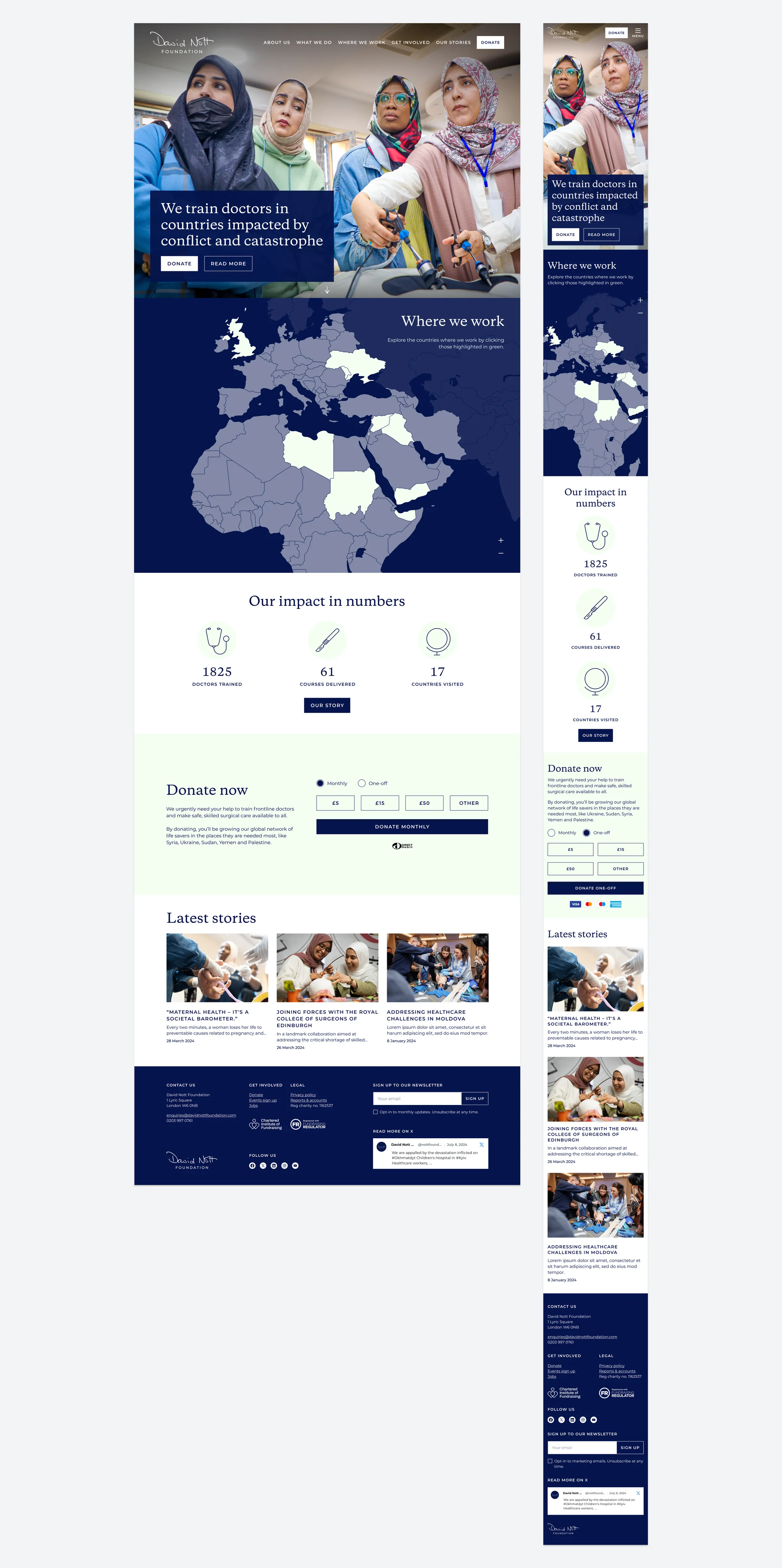 David Nott Foundation homepage on desktop and mobile, with a hero photo, an interactive map, impact figures, a donation panel and latest stories