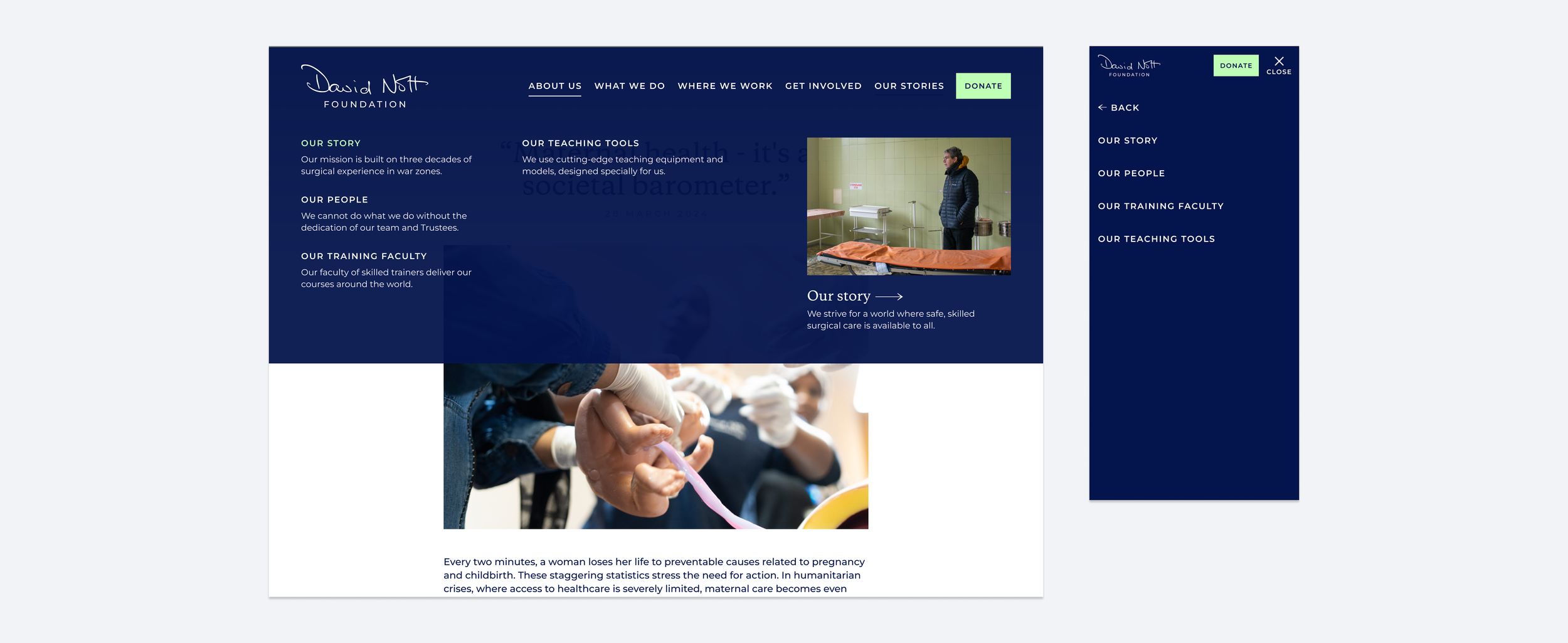 The website meganav open on desktop and mobile, with links to our story, our people, training faculty and teaching tools