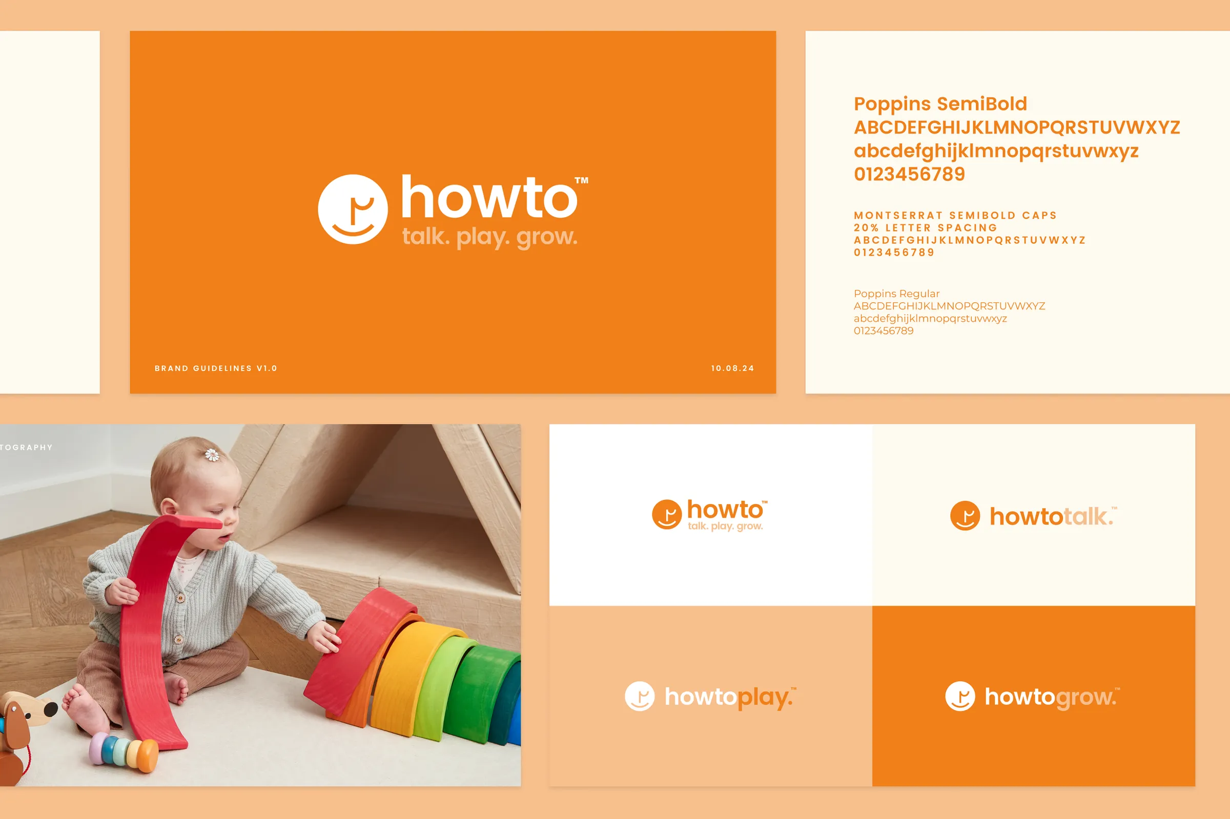 Pages from the Howto Group brand toolkit: the cover, typography in Poppins and Montserrat, a photography example and the logo suite