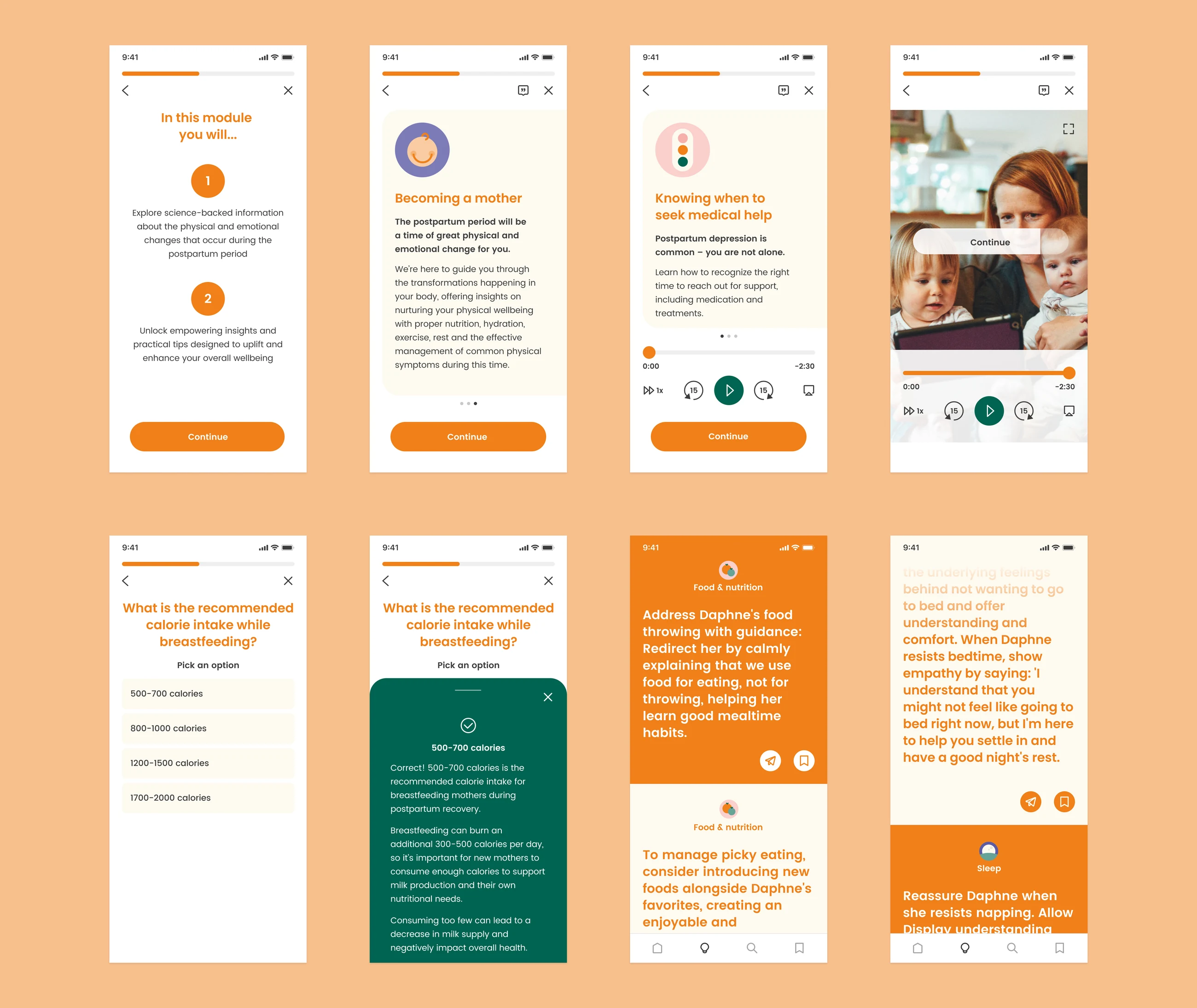 Parenting course screens (module introduction, written theory, audio theory, video and quiz) and AI parenting tips screens