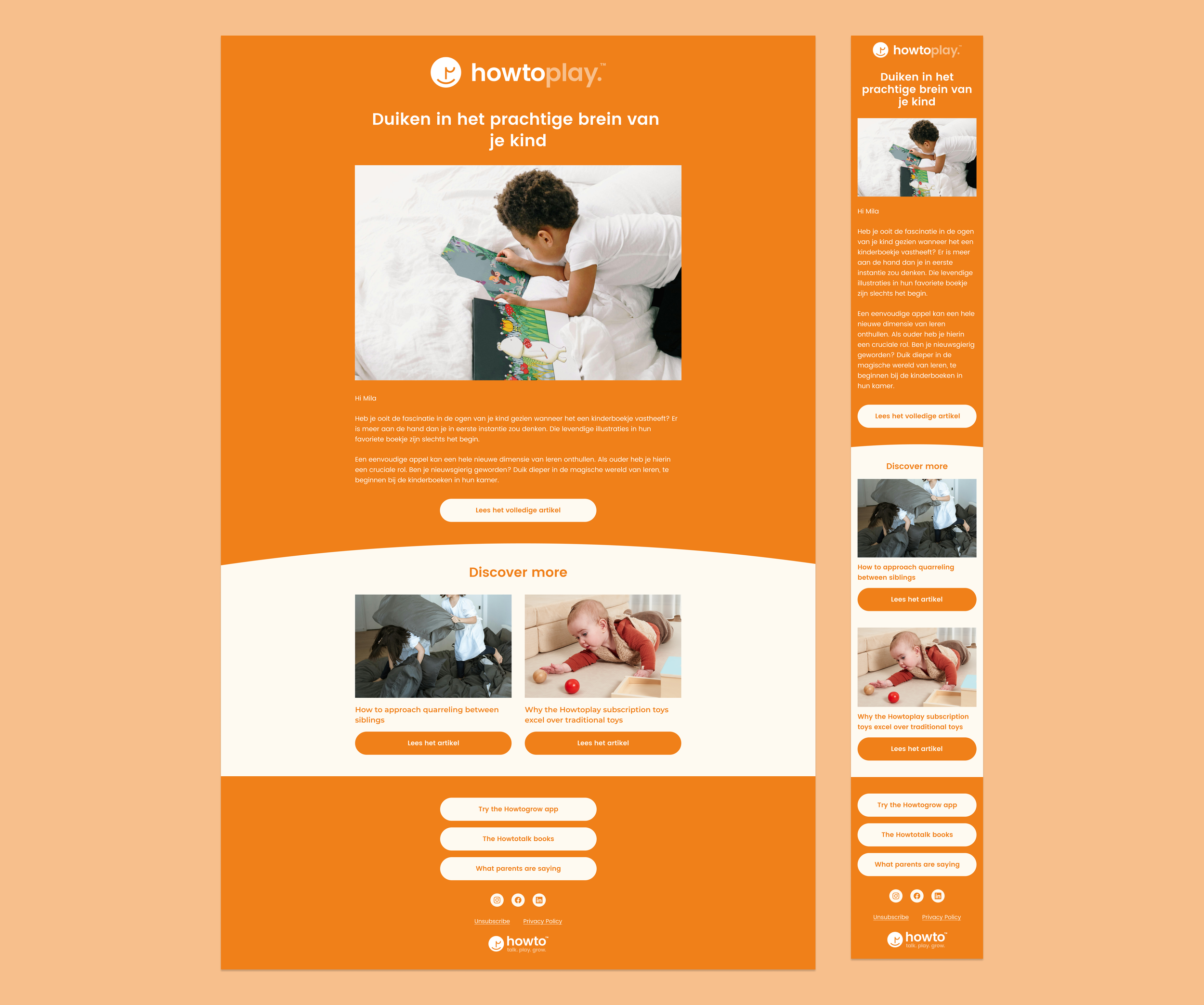 Howtoplay email template on desktop and mobile, with a lead article, a Discover more section with two further articles, and links to the app, books and reviews