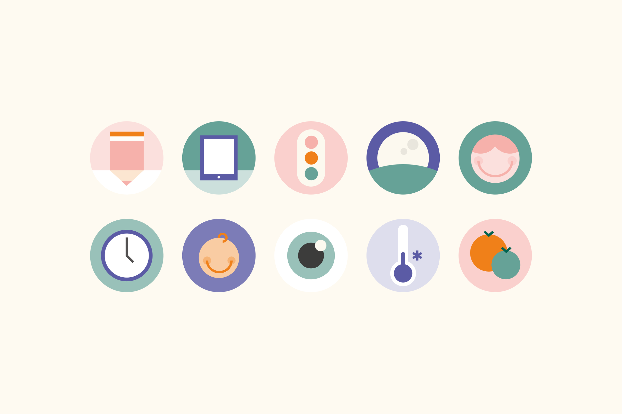 Icon set 2: ten illustrative circular icons in pink, green, purple and orange, including a pencil, tablet, traffic light, moon, smiling face, clock, baby, eye, thermometer and oranges
