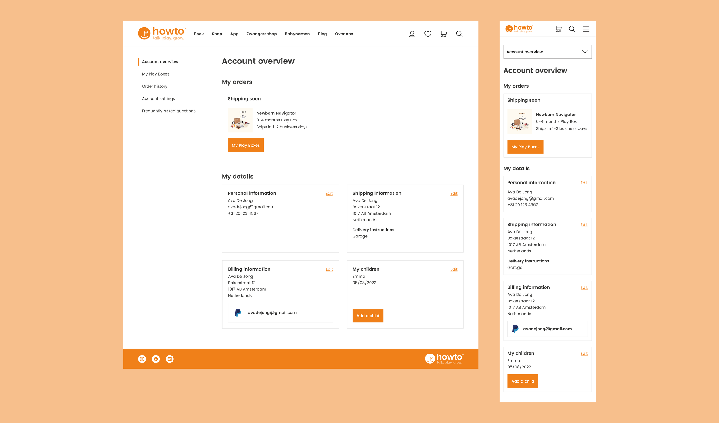 Log in area on desktop and mobile: the account overview with orders shipping soon, personal, shipping and billing details, and children