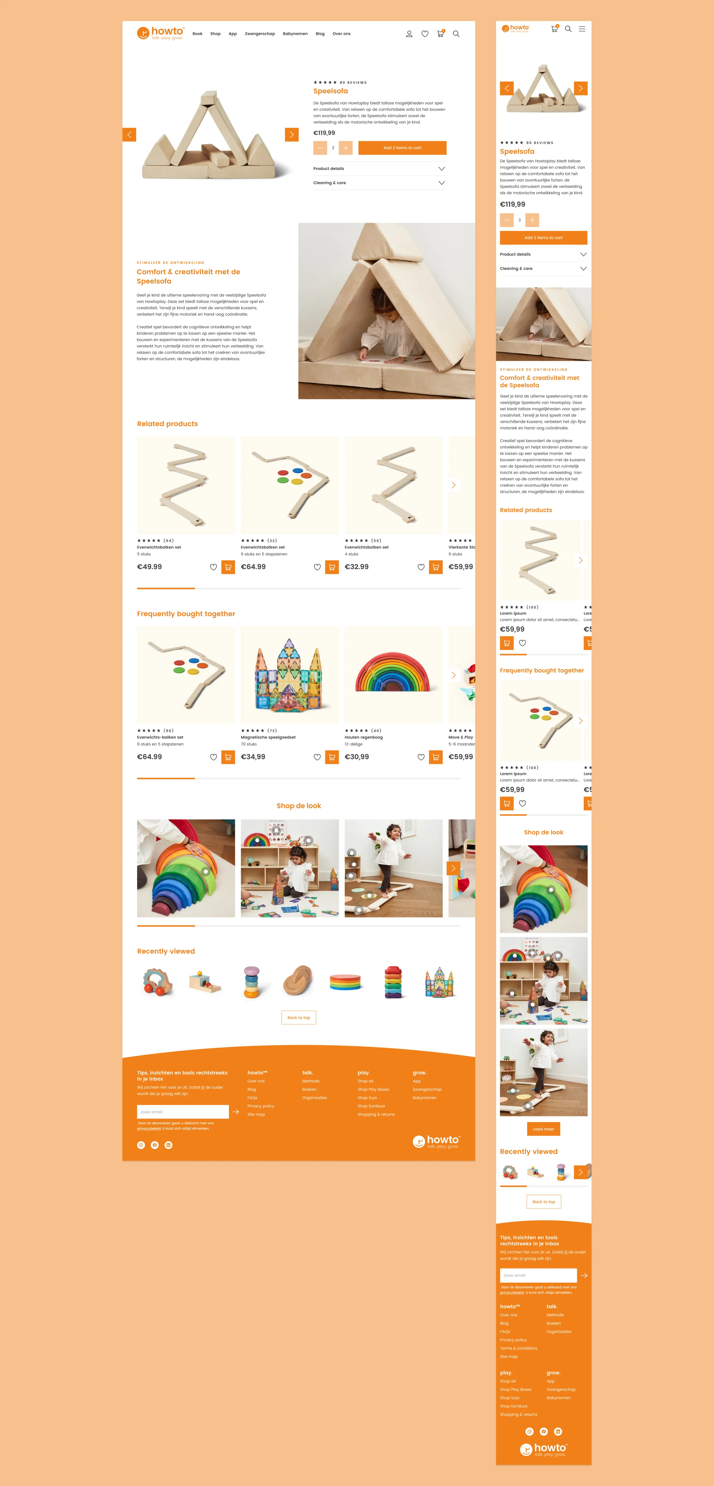 Howto Group online store product page for the Speelsofa play sofa on desktop and mobile, with product details, related products, frequently bought together, shop the look and recently viewed sections