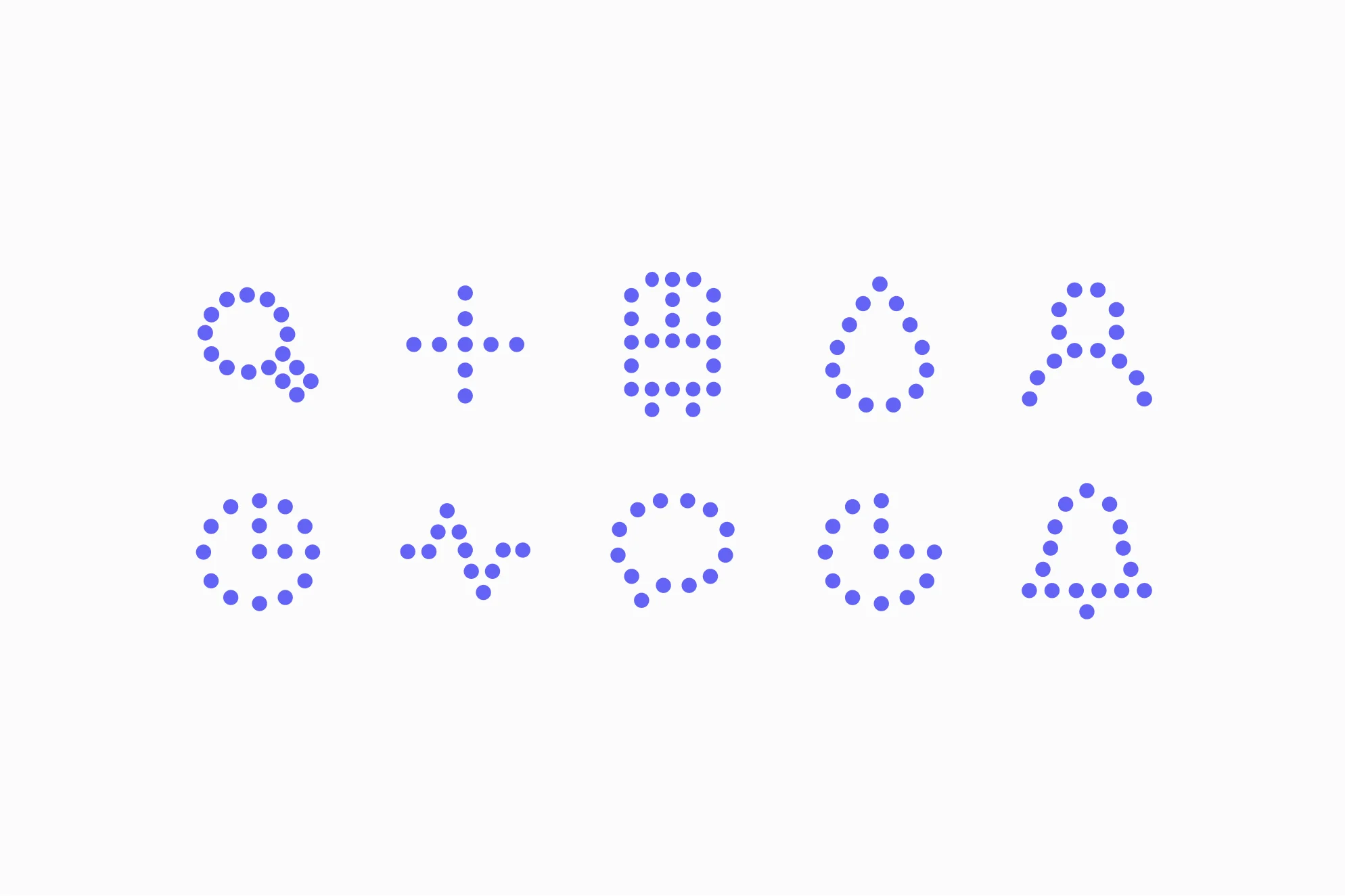 Ten purple Inuvi icons drawn in dots, including a magnifying glass, a cross, a building, a blood drop and a person