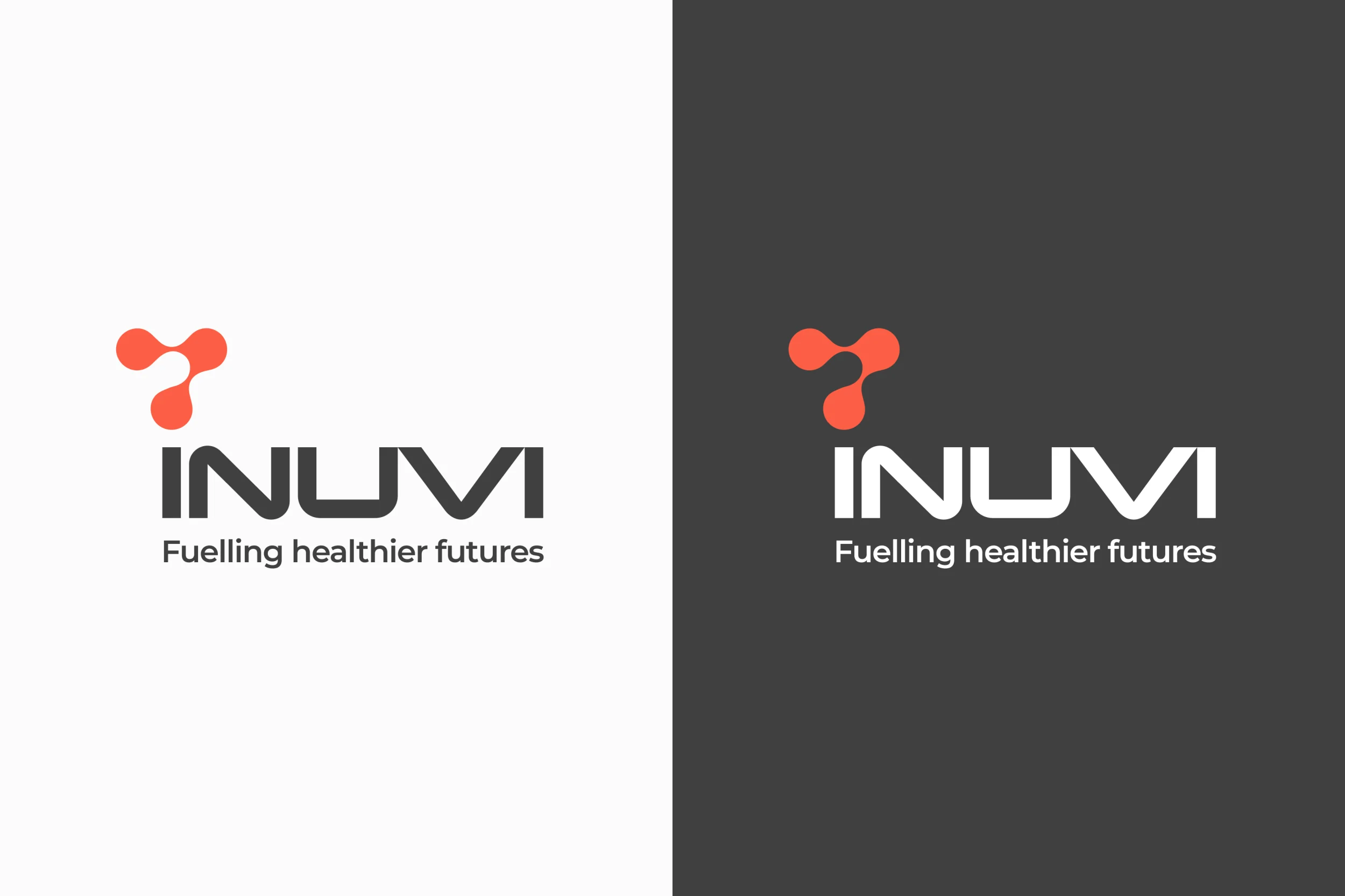 The Inuvi logo – red molecular symbol, INUVI wordmark and ‘Fuelling healthier futures’ – on light grey and on dark grey