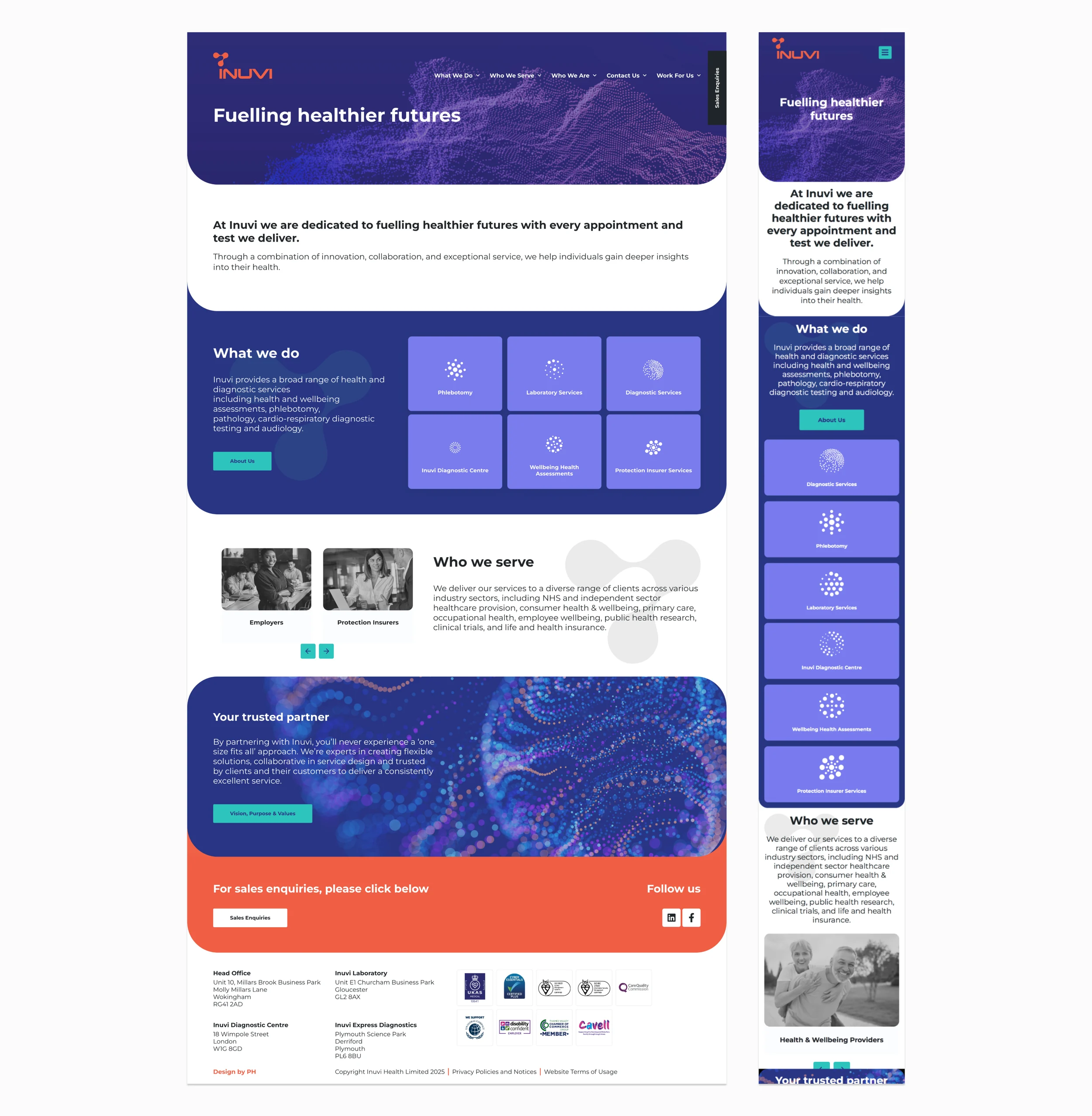Inuvi’s previous homepage on desktop and mobile, with a purple particle header, a grid of purple service tiles, a ‘Who we serve’ carousel and an orange sales enquiries banner