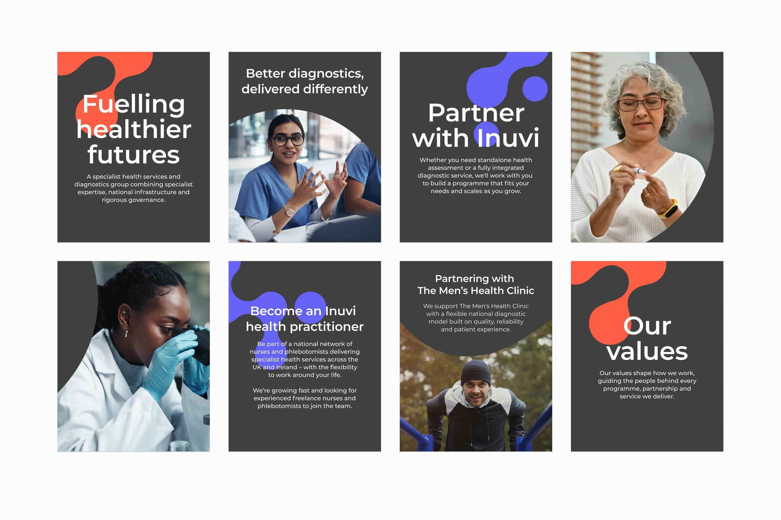 Eight Inuvi social media posts, including ‘Fuelling healthier futures’, ‘Partner with Inuvi’, ‘Become an Inuvi health practitioner’, ‘Partnering with The Men’s Health Clinic’ and ‘Our values’