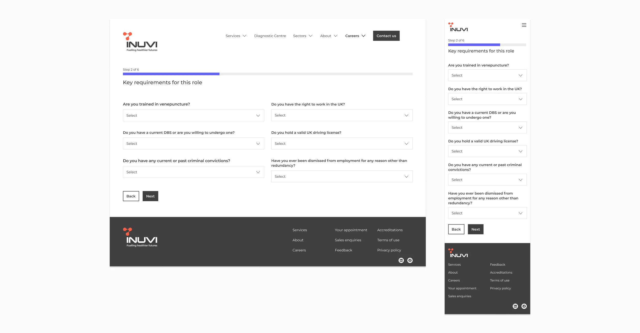 Inuvi careers application form on desktop and mobile, showing a progress bar and role requirement questions