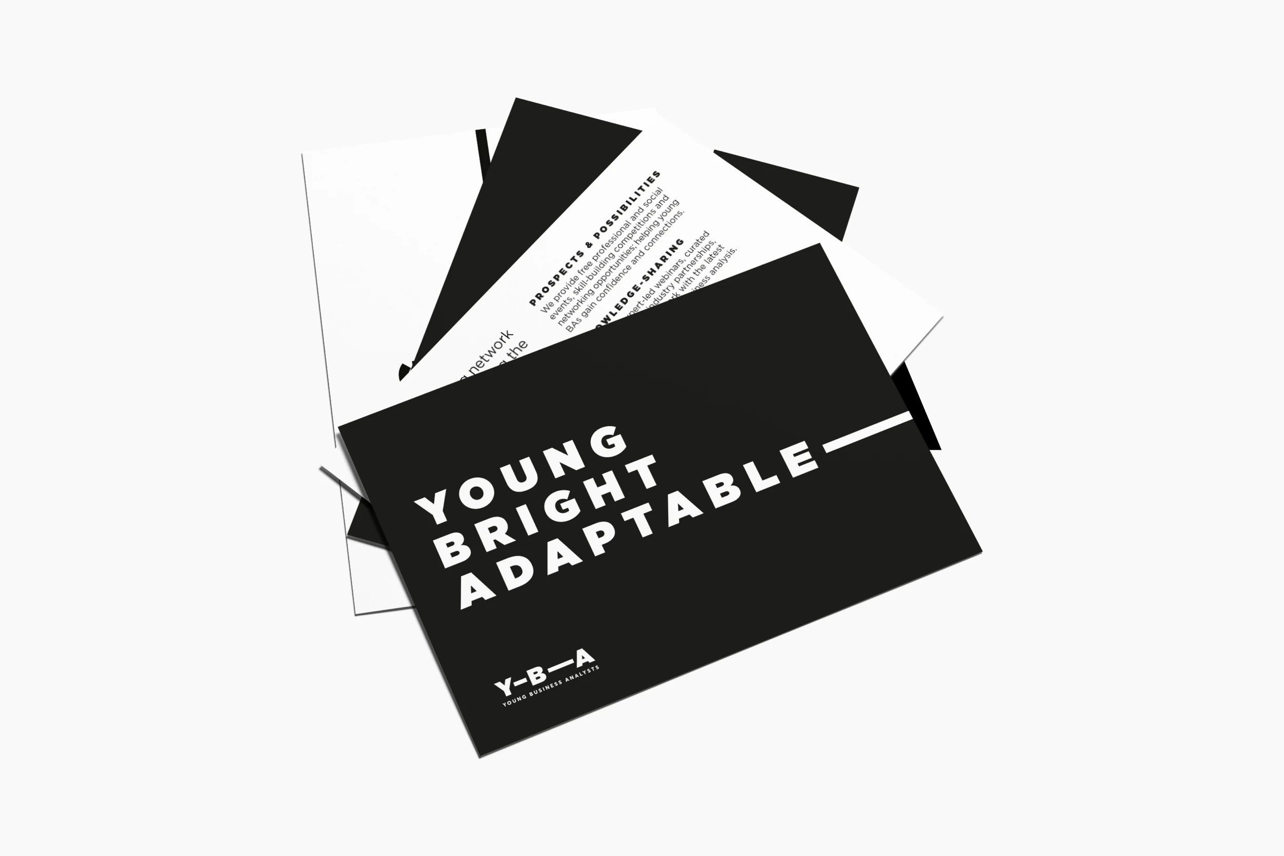 Fanned YBA flyers in black and white: the front reads ‘Young, bright, adaptable’ with the extending line, and the back describes member benefits