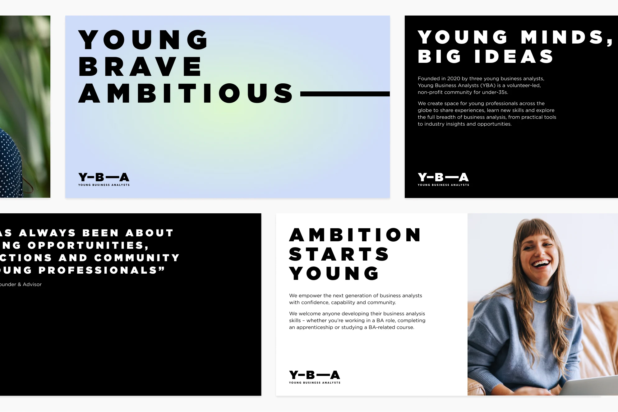 YBA slide deck: a ‘Young, brave, ambitious’ title slide on the blue and green gradient, a ‘Young minds, big ideas’ slide on black, a quote slide, and an ‘Ambition starts young’ slide with a photo