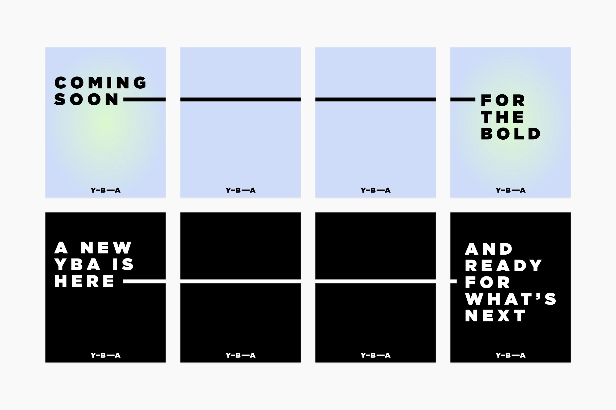 Two four-slide Instagram carousels linked by a continuous line: ‘Coming soon for the bold’ on the blue and green gradient, and ‘A new YBA is here and ready for what’s next’ on black