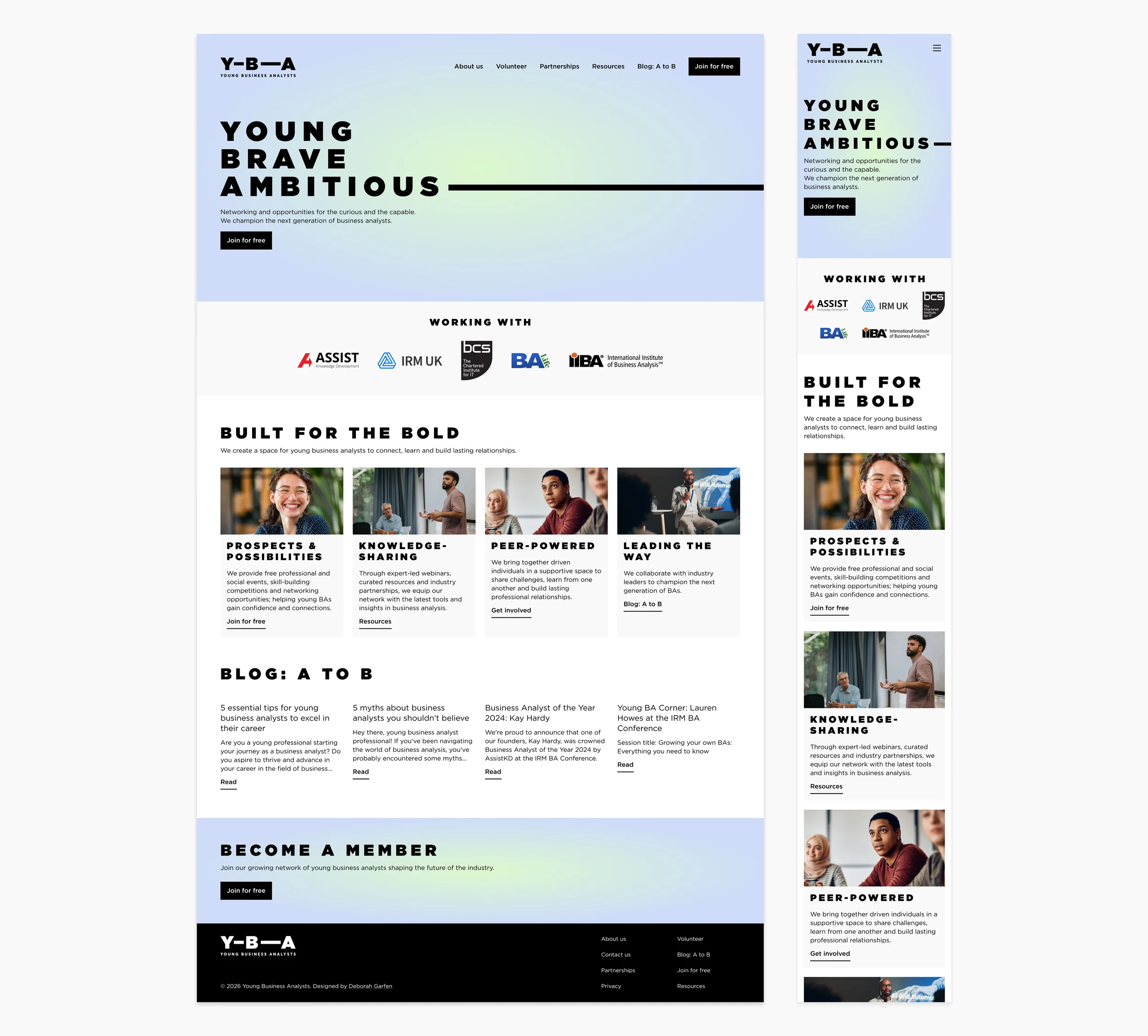 YBA website homepage on desktop and mobile, headed ‘Young, brave, ambitious’, with partner logos, member benefits and the blog