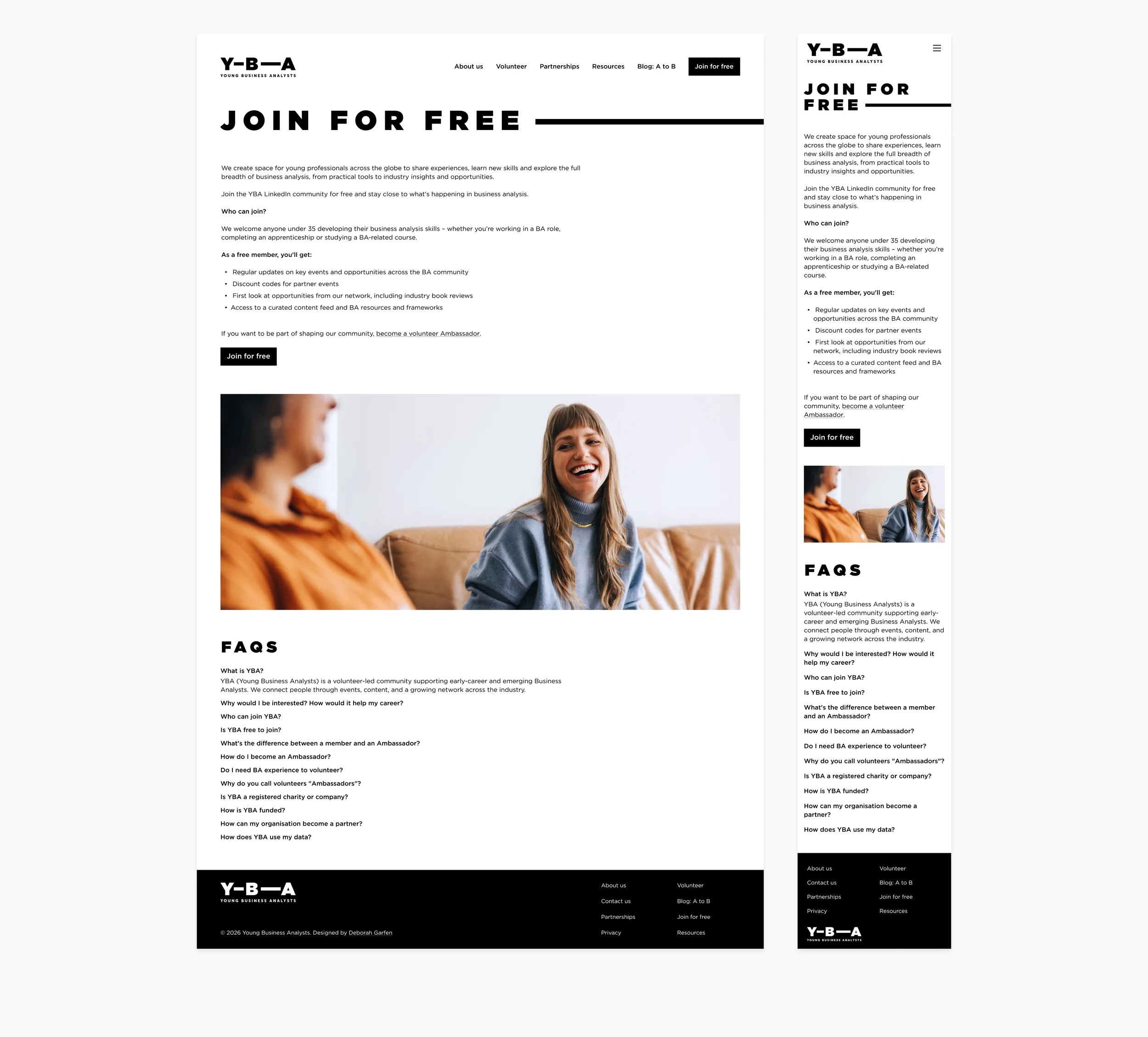 YBA ‘Join for free’ page on desktop and mobile, with membership details, a photo and FAQs