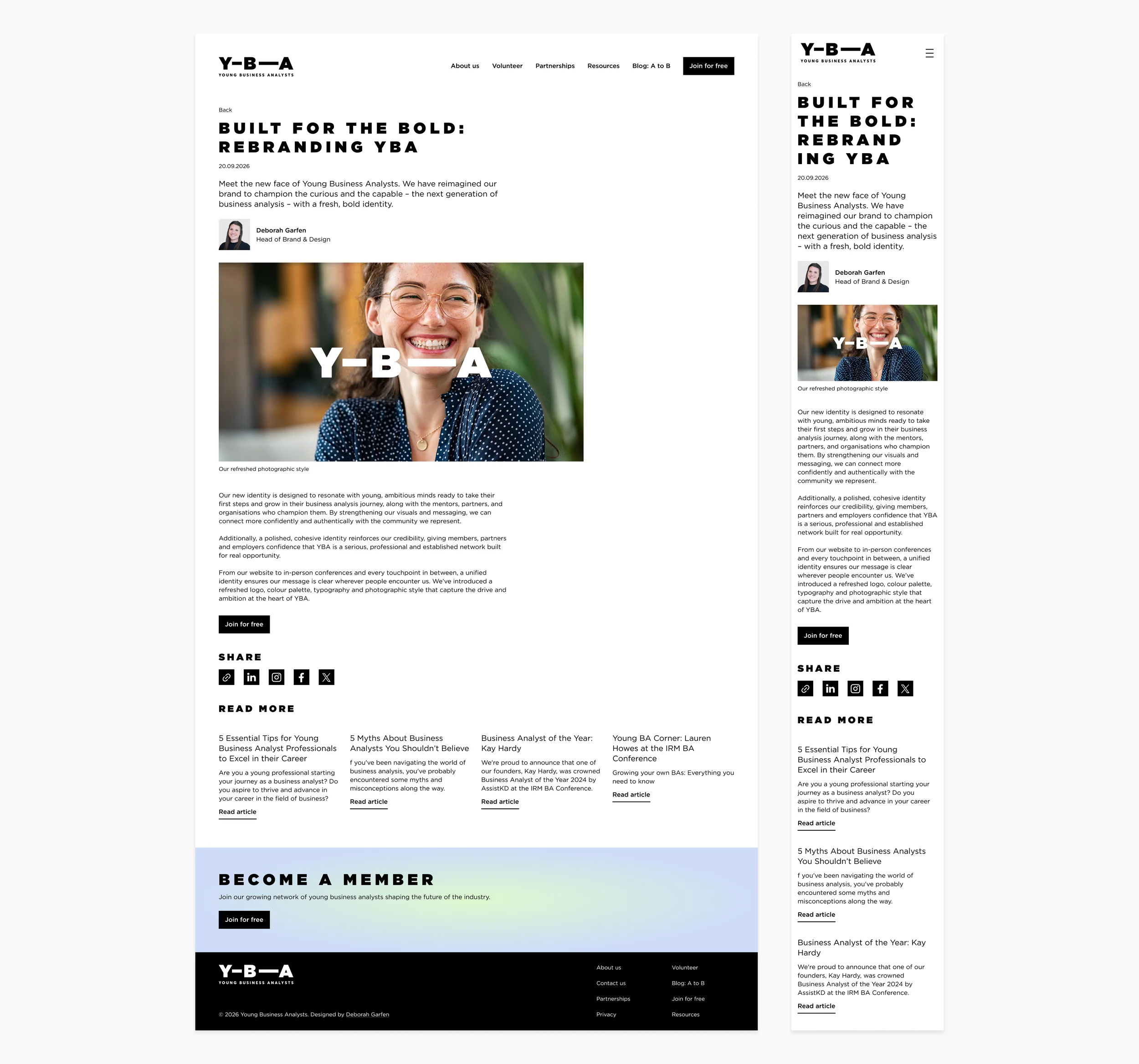 YBA blog article ‘Built for the bold: rebranding YBA’ on desktop and mobile